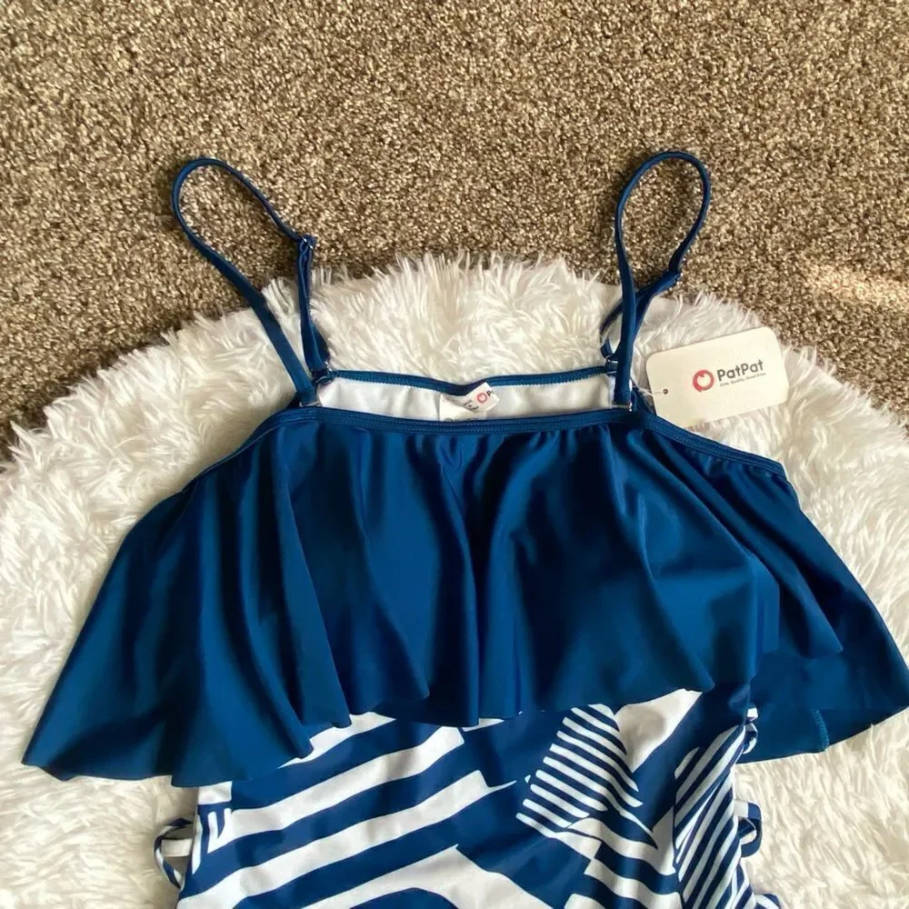 Patpat One Piece Swimsuit Blue‎ White Striped Ruffle Top Open Sides Womens Large